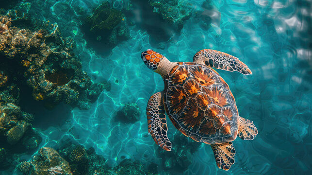 A majestic sea turtle gliding through clear blue waters