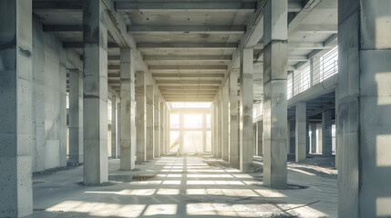 Inside a building under construction, concrete columns and beams frame the view, showcasing the early stages of a new property development.