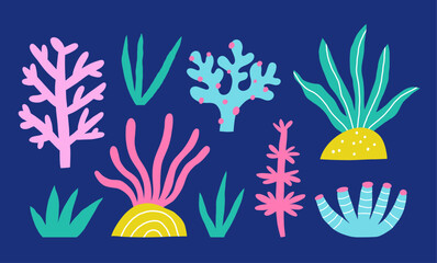 Obraz premium Seaweed set in hand drawn style. Collection of colored underwater plants. 