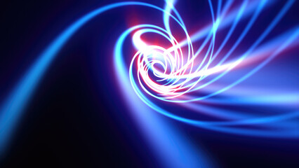 Abstract bright blue background tunnel with flying lines of energy particles and light rays