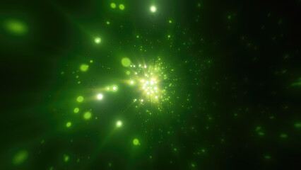 Abstract bright green glowing background with flying dots circles bokeh energy particles and light rays