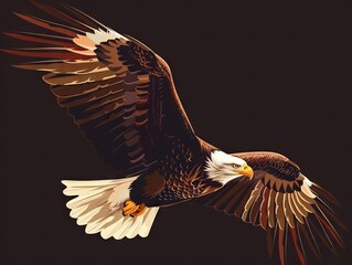 Fototapeta premium Illustration of a majestic bald eagle in flight against a dark background, showcasing detailed feathers and powerful wings.