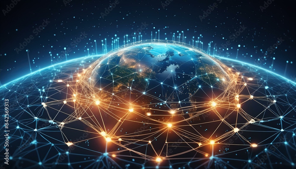 Wall mural connecting the global tech network illuminating interconnections across the cyber planet. concept gl
