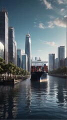 Naklejka premium Rendering of a container ship entering a port amidst tall skyscrapers and urban hustle and bustle