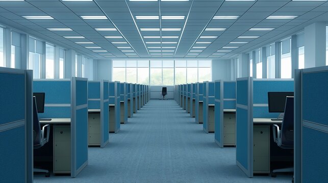 A symmetrical view of an empty office cubicle environment with blue partitions and carpeted floors