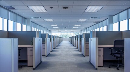 Spacious office area featuring rows of cubicles lit by bright natural daylight from a window