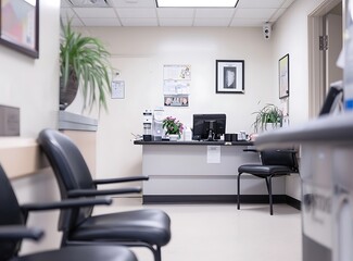 Photo of a modern medical clinic reception desk with black leather chairs