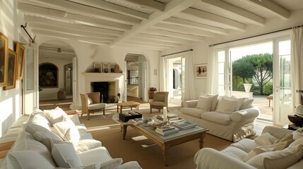 A Mediterranean villa's white-painted beams enhance the sunlit, serene, and inviting atmosphere.