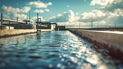 Obraz premium Water smoothly flows down pipes in an industrial factory setting, showcasing the process of water treatment and drainage cleaning