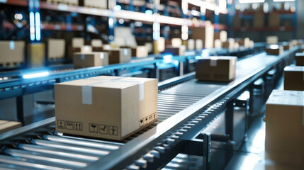 Boxes moving along a conveyor belt in a warehouse facility