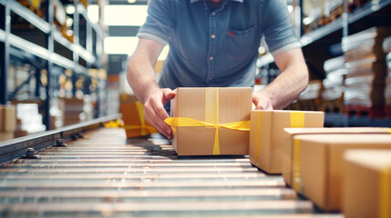 Fototapeta premium A man is holding a box tied with a yellow ribbon
