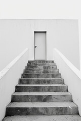 Plain door at the top of a simple, minimalist staircase. The steps are clean lines, and the background is a solid color, emphasizing the ascent to the door