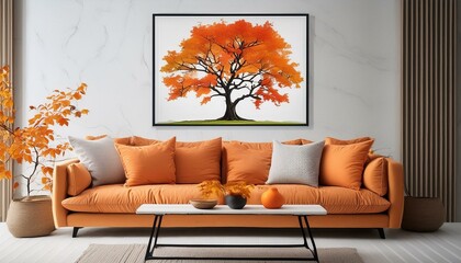 Cozy and stylish modern living room interior with vibrant orange cushions and framed autumn tree art