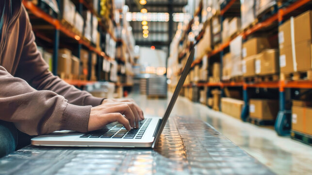 A warehouse worker diligently types on their laptop, surrounded by rows of stacked boxes. The image captures the modern reality of logistics - Powered by Adobe