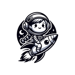 Cute Astronaut Girl Riding Rocket And Waving Hand Cartoon Icon Illustration. Cute Girl Astronaut logo mascot
