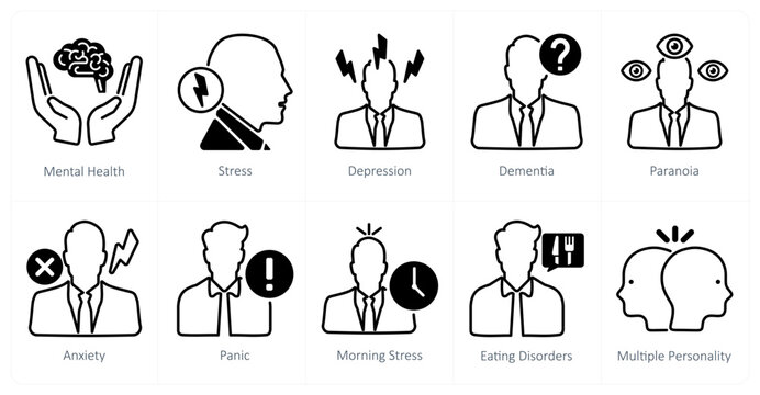 A set of 10 mental health icons as mental health, stress, depression