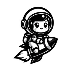 Fototapeta premium Cute Astronaut Girl Riding Rocket And Waving Hand Cartoon Icon Illustration. Cute Girl Astronaut logo mascot