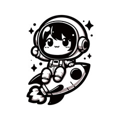 Obraz premium Cute Astronaut Girl Riding Rocket And Waving Hand Cartoon Icon Illustration. Cute Girl Astronaut logo mascot