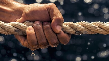 A close-up of a strong hand gripping a rope during a tug-of-war