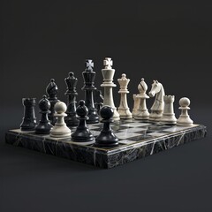 A 3D chess board, pieces set for the start of a game, AI Generative