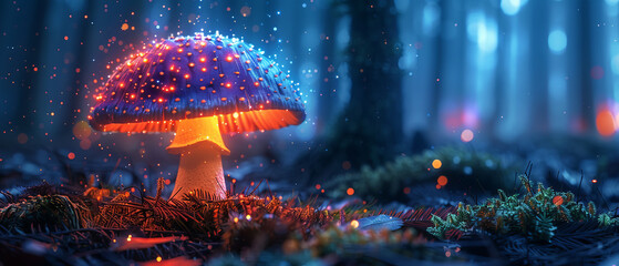 A single bioluminescent mushroom glowing vibrantly in the dark, dense forest