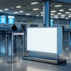 Airport express check-in adorned with a horizontal small blank light box.