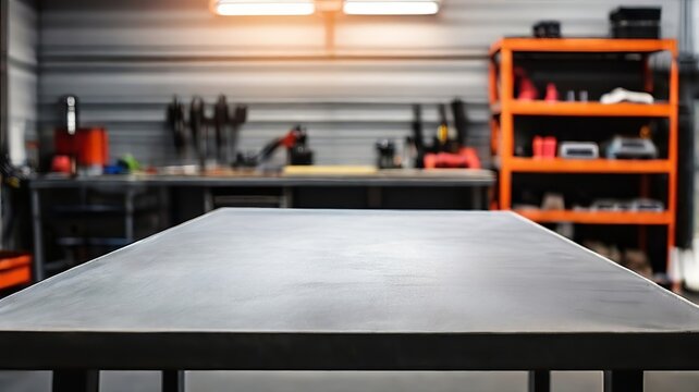 Industrial Metal Workshop: Blank Rough Desk Surface with Blurred Garage Background