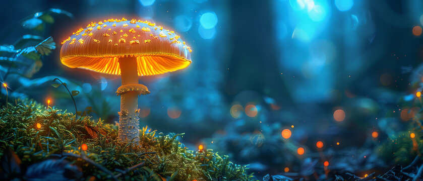 A single tall vibrant glowing bioluminescent mushroom standing out in the dark forest