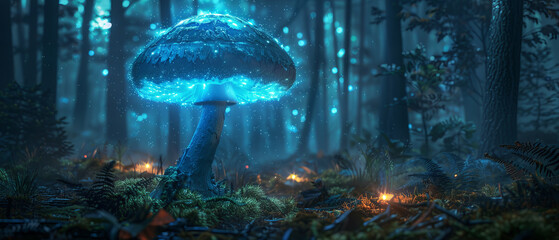 A single vibrant glowing bioluminescent mushroom casting light in the dark forest