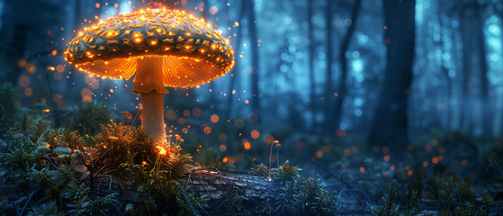 A tall bioluminescent mushroom emitting vibrant light in the dense dark forest