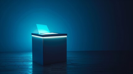 High contrast image of a modern ballot box with electronic voting interface, illuminated against a deep, shadowy backdrop, symbolizing technology in democracy
