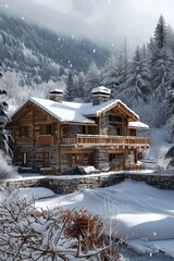 Fototapeta premium Cozy mountain hut set in a snowy landscape.