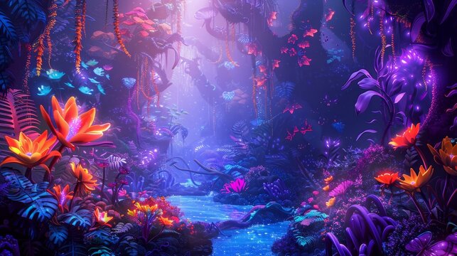 Lush alien jungle scene, vibrant hues, oversized flowers and plants, comic style details, mystical light glows, winding vines, colorful mist
