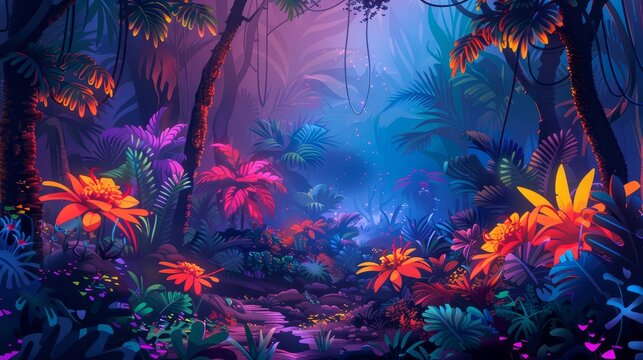 Lush alien jungle scene, vibrant hues, oversized flowers and plants, comic style details, mystical light glows, winding vines, colorful mist