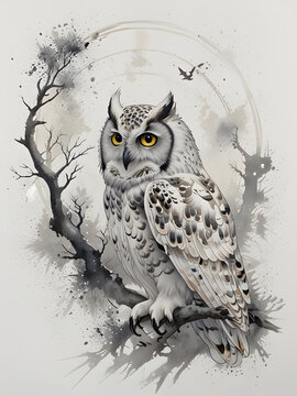 Snowy Owl Perched on a Tree Branch,ai generate