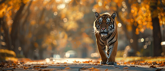 A tiger strolling along a peaceful suburban street in the morning