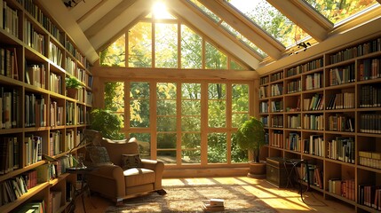 Fototapeta premium A sunroom transformed into a reading nook, with bookshelves lining the walls, a comfortable armchair, and sunlight pouring in from skylights