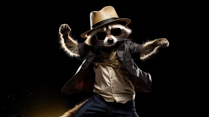 A snazzy raccoon in a fedora and shades, showing off its smooth dance routine with a mischievous smile.