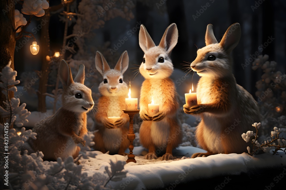 Wall mural bunny family with candles in winter forest, 3d illustration. - Wall murals