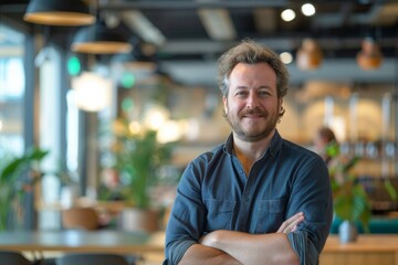Fototapeta premium Bearded man in casual outfit standing with crossed arms in front of chest and smiling at camera in blurred background.