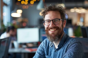Obraz premium Bearded man in glasses smiling in the office