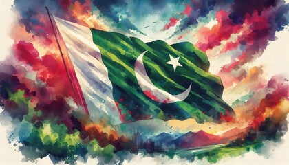 Watercolor Painting of a Waving Pakistani Flag with Crescent Moon and Star*