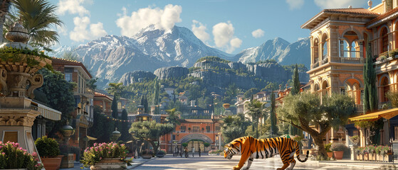 A tiger walking along a scenic street with a mountain backdrop
