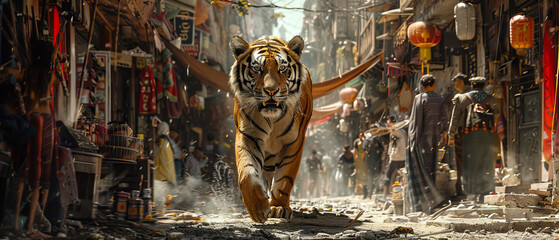 A tiger walking down a narrow alley in a bustling city