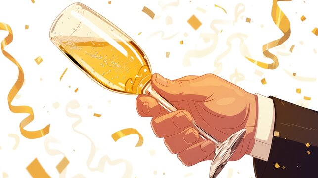 Illustration of a cartoon cartoon hand raising a champagne glass in a toast rendered as a 2d image on a white background