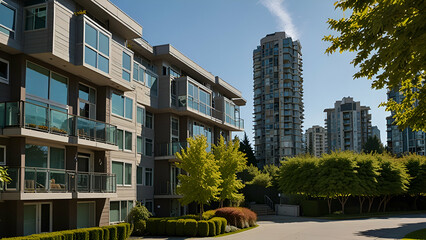 Obraz premium Modern apartment buildings rise against the skyline of Vancouver, British Columbia, showcasing contemporary architecture in Canada's vibrant city.