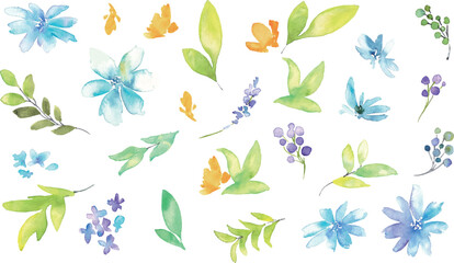 水彩画。水彩タッチの花と草木イラスト。植物のベクターイラスト。華やかな花の装飾イラスト。Watercolor painting. Flowers and plants illustration with watercolor touch. Vector illustration of plants. Gorgeous flower decoration illustration.