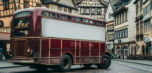Obraz premium Classic bus navigates historic European streets with large billboard.