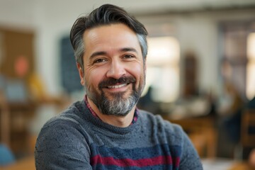 Obraz premium Headshot of a smiling man with beard wearing gray sweater