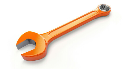 A orange wrench, an iconic tool for mechanical repairs, standing out against a white background, perfect for images and graphics related to mechanics and repairs themes.
